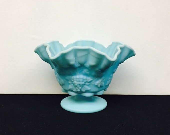 Storewide 25% Off SALE Vintage Westmoreland Blue Milk Glass Ruffled Centerpiece Bowl Featuring Raised Grape Pattern Design
