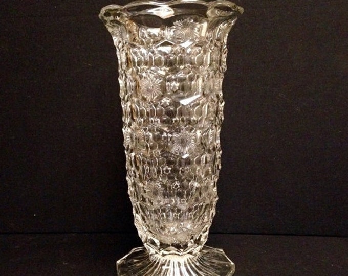 Storewide 25% Off SALE Vintage Heavy Rough Clear Cut Patterned Glass Flower Vase Featuring Textured Floral Accents With Footed Style Design