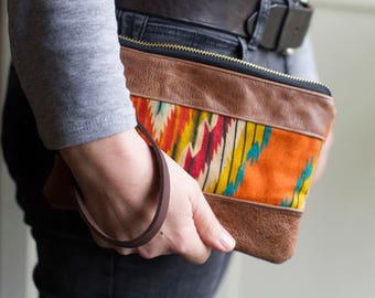 leather wristlet, leather purse, festival bag, boho purse, aztec purse, boho wristlet