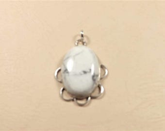 Sterling Silver Pendant - Polished White Howlite - 925 Sterling Silver - Fine Estate Jewelry - Jewelry Supplies