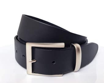 Mens Leather Belt - 1"1/2 - Modern Matt Silver Buckle - Mens Black Belt - Mens Belt - Leather Belt - Custom Belt
