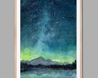 Starry Sky Print, Watercolor Painting Print, Starry Night Painting Print, Watercolor Sky, Landscape painting
