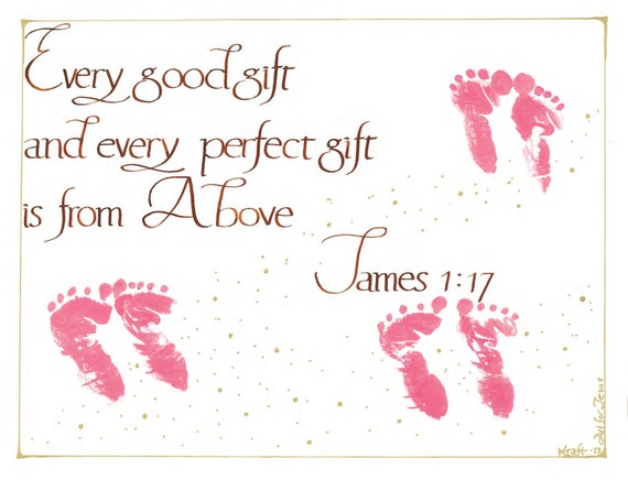 Christian card for a new baby girl Baby feet and James 1:17