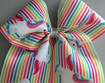 Rainbow Striped Unicorn Cheer Bow