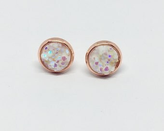 White Druzy Earrings | 8mm Small | Chunky Faux Druzy | Rose Gold Drusy Earrings | Glitter Earrings | Stud Earrings | Iridescent Faux Druzy