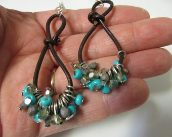 FREE SHIPPING! Cowgirl Earrings-Long Turquoise Beaded Leather Earrings-Country Western Earrings