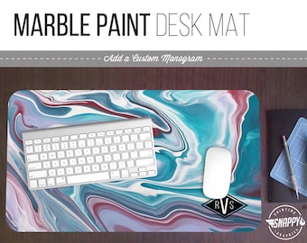 Marble Paint Print Desk Mat w/ Custom Monogram - 2 Sizes - High Quality Digital Print, Dye Sublimation - Hand Washable