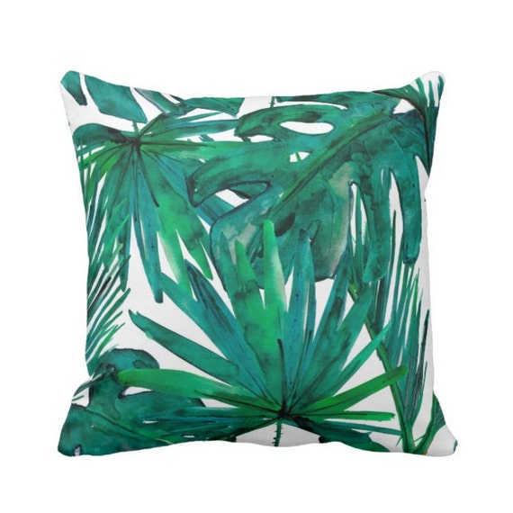 Palm Leaves Throw Pillow Jewel Tone Green & Blue Print 16