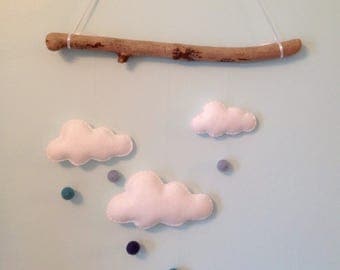 Driftwood and felt cloud wall hanging