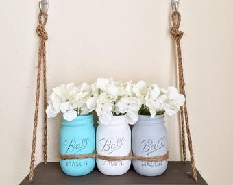 Mason Jars Wall Decor. Mothers Day Gift. Rustic Modern Decor. Distressed Mason Jars. Wood Hanging Shelf. Rope Decor.