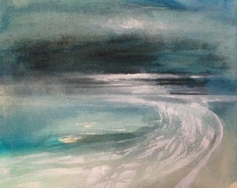 At low tide 2 - Ink and acrylic on canvas, original painting, abstract seascape. Contemporary art.