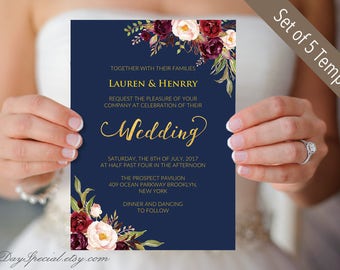 5 Navy Wedding Invitation Templates, Printable Burgundy Floral Wedding Invites Set, Rustic Boho, Invite Set, DIY PDF Digital Download #109