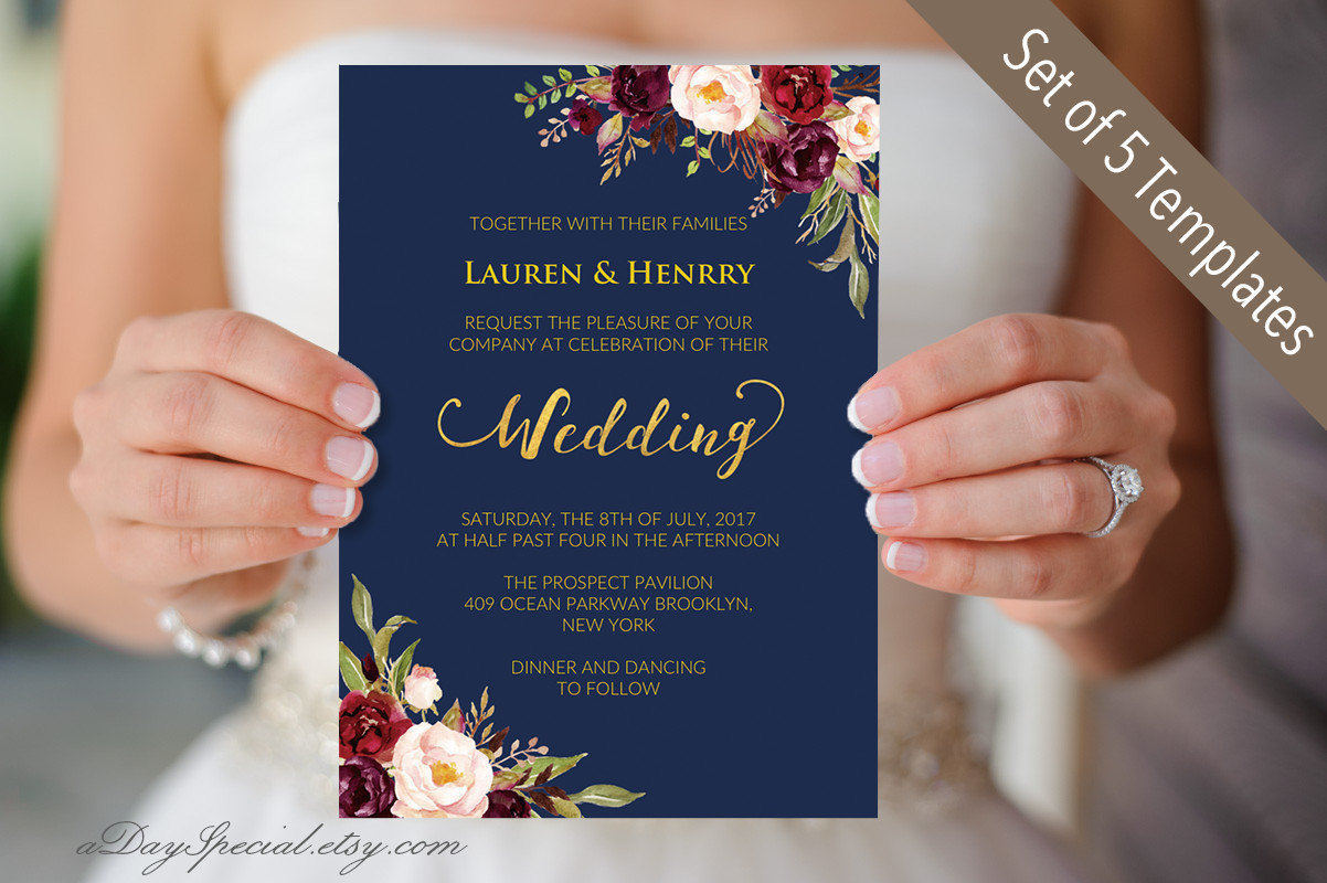 5 Navy Wedding Invitation Templates Printable Burgundy Floral