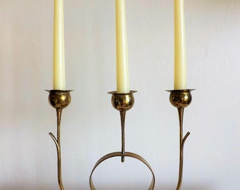 Lovely Vintage Hammered Brass Three Candle Candelabra Candle Holder