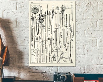 Armes and weapons chart from old french dictionary 1898 - antique arms, old weapons, medieval weapons educational charts