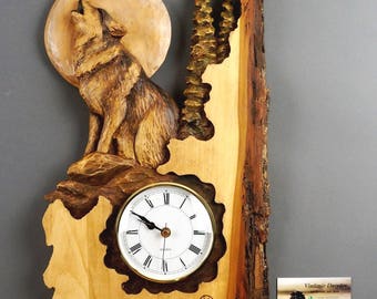 Wolf Carved on Wood,Wood Carving with Bark,Hand Made Gift,Wall Hanging clock,White and brown,Rustic OOAK Gift for a Hunter,Cabin Decoration