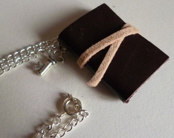 Mini leather book necklace, hand bound miniature brown leather notebook necklace with key charm