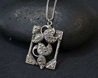 Sterling Silver and Marcasite Art Deco Vine Necklace, Art Deco Necklace, Sterling Silver Marcasite Jewelry, Art Deco Pendant