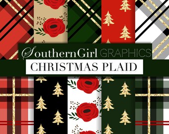 Christmas Plaid Digital Paper - "CHRISTMAS PLAID" with red, green, black, gold glitter, tree, floral designs for crafts