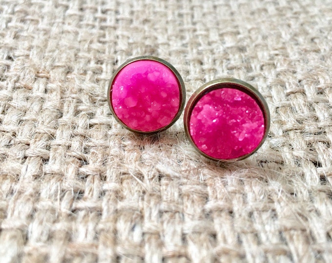 Pink Druzy Earrings, Hot Pink Druzy Studs, Faux Druzy Earrings, Pink Gemstone Studs, Matte Pink Studs, Neon Druzy Studs, Druzy Stud Earrings