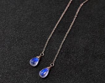Blue Moonstone Earrings - Moonstone Threader Earrings, Rainbow Moonstone Earrings, Threader Earrings Silver, Rainbow Moonstone Jewelry