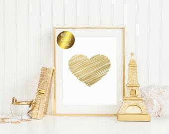 Scribble Heart Gold Foil Print / 8x10 OR 5x7 Real Gold Foil Heart Print / Wall Art Printable
