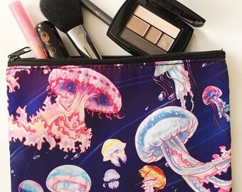 Jellyfish ocean underwater fantasy zippered pencil cosmetic fabric bag pouch