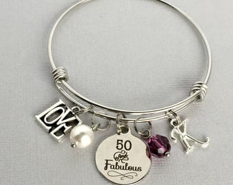 50th Birthday Bracelet, 50 and Fabulous, Personalized 50th Birthday Bracelet, 50th Birthday Gift for Women, Friend Birthday Gift, BDY003