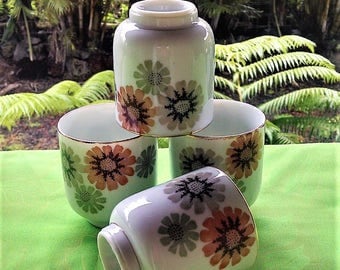 Tea Cup Set of Four(4) Made in Japan Glazed Ceramic Hand Made, Hand Painted Floral/Daisy Design, Retro Kitchen, Vintage Japanese Drink ware
