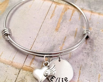 Heart Charm bracelet, Personalized name bracelet, Name bracelet, for daughter, best friend, adjustable bangle, stainless steel bracelet