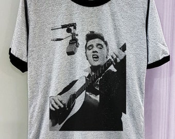 Elvis Presley Shirt Movie with Mic Hot Short Sleeve Two Tone Tee Gray Grey White Clothing