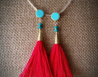 Red tassel earring, turquoise earring, turquoise post earring, gold earring, dangle post earring, tassel earring