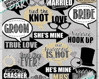 Wedding Photobooth, Wedding Photo Props, Photo Booth Props, Wedding Props, Wedding Selfie Props, Gold Silver Glitter Photo Props | PRINTABLE