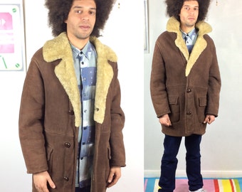 Men's SHEARLING Sheepskin Coat - Vintage 70s Dark Brown SUEDE Leather Real Fur Sherpa Lining and Collar Winter Overcoat - Large to XL