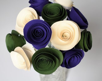 Forest Wedding, Forest Green, Purple, and Ivory Wedding Flowers, Paper Flowers with Stems