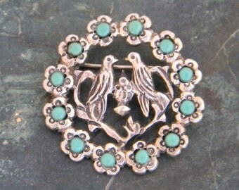 1930's Vintage Lovebirds Wedding Brooch 925 Sterling Silver with Turquoise Inlays
