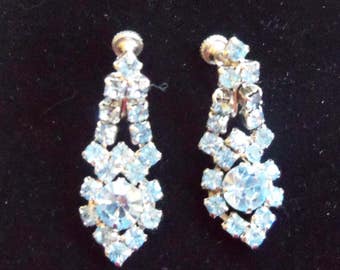 Light Blue Rhinestone Earrings - Crystal Screw Back Earrings - Vintage Crystal Dangle Earrings