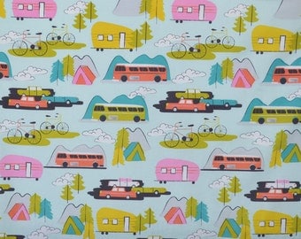 Retro Camping Fabric, Cotton Fabric, Quilting Fabric, Fabric by the Yard, Camping Fabric,