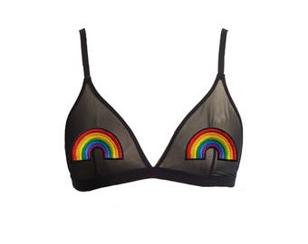Sheer Mesh Bralette- Rainbow Pasties Black Sheer Bralette Colorful Applique Bra w Adjustable Straps- Fashion Mesh Bralette for Women Teens