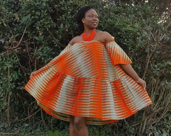 Sale !!!Orange Off Shoulder Ankara Dress/ African Print Bardot Style Dress/ African print Dress