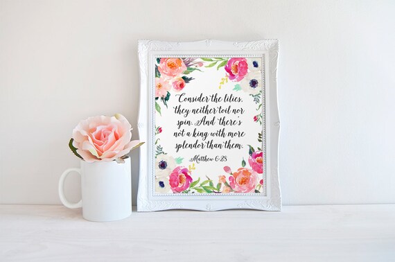 love calligraphy watercolor The Print Quote Bible Lilies Matthew Consider Verse Bible