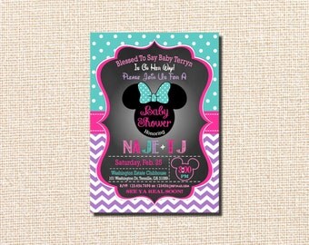 Minnie Mouse Baby Shower Invitation, Minnie Mouse Baby Shower, Baby Girl Minnie, Minnie Mouse Baby Shower Invites, pink, turquoise, purple