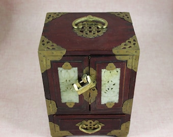 Chinese Wood Jewelry Box with Carved Jade Inlay, Brass Pulls and Accents, Green Silk lining, Key and Lock, circa 1920s