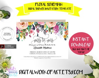 Miss to Mrs Bridal Shower Invitation Template, Editable DIY Watercolor Floral Invite Printable, Mr and Mrs, Instant Download PDF Template