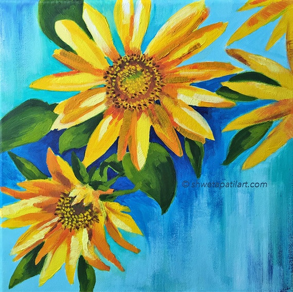 Items similar to PRINT Sunflowers yellow turquoise floral acrylic ...