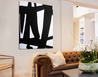 Original Large Rectangular Abstract Painting On Canvas Black White wall art Abstract Acrylic Painting On Canvas Minimalist Painting Art Oil
