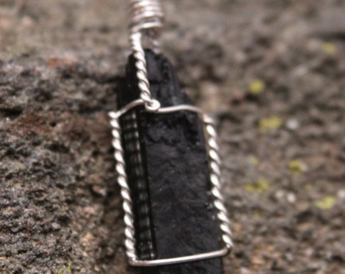 Black Tourmaline Crystal Rough Mineral Pendant Wire Wrap with Twisted Silver Wire