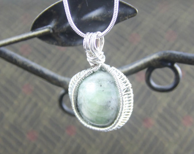 Light Green Serpentine Silver Wire Wrap Pendant; Hand Cut and Polished Natural Mineral Stone Wire Weave Jewelry, Earthy BoHo Hippie Necklace