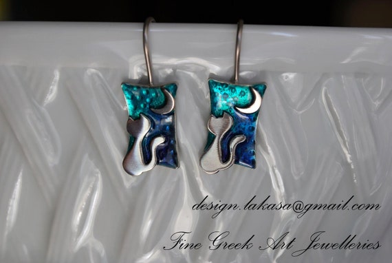 Earrings Cat Moon Sterling Silver Blue Green Enamel Handmade Jewelry Best gift ideas for her Birthday Anniversary Romantic Style Catlovers
