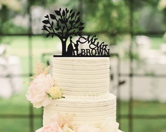 Wedding Cake Topper Tree Wood Cake Topper Mr and Mrs Surname Cake Topper Rustic Cake Topper Names Cake Topper Personalized Cake Topper Gold